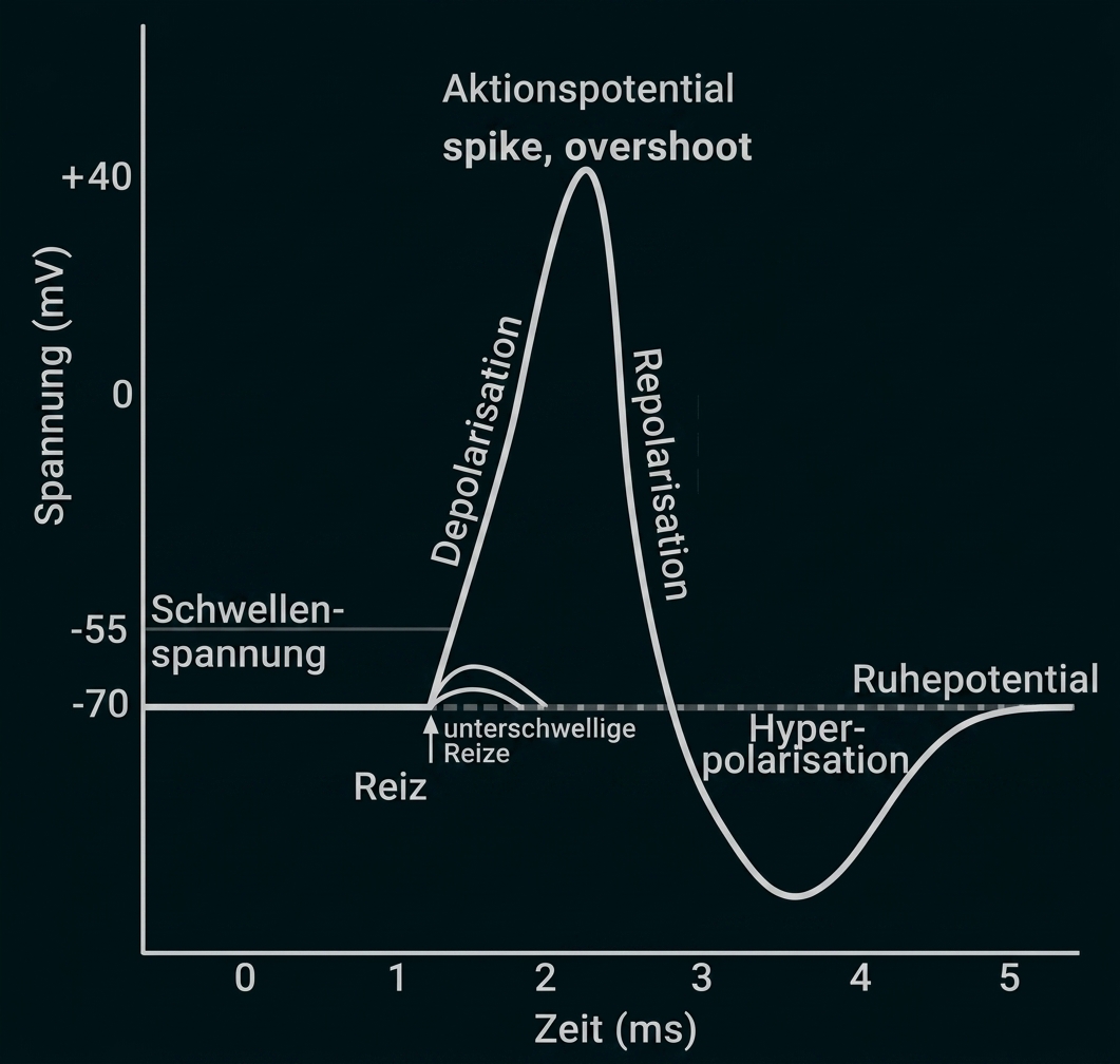 Diagramm zum Aktionspotential einer Nervenzelle mit Depolarisation, Repolarisation und Ruhepotential.
